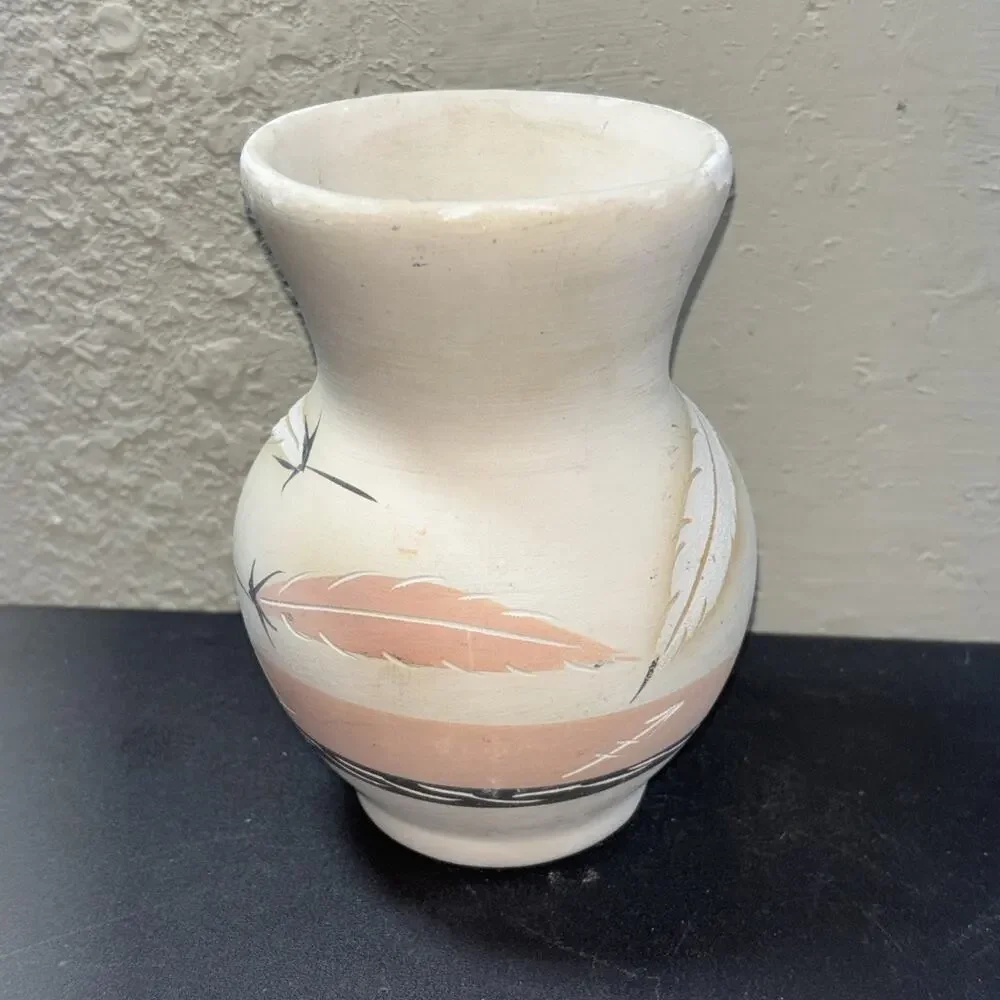 Rose Feathers Desert Pueblo Vase Painted Stoneware Pottery Signed 6